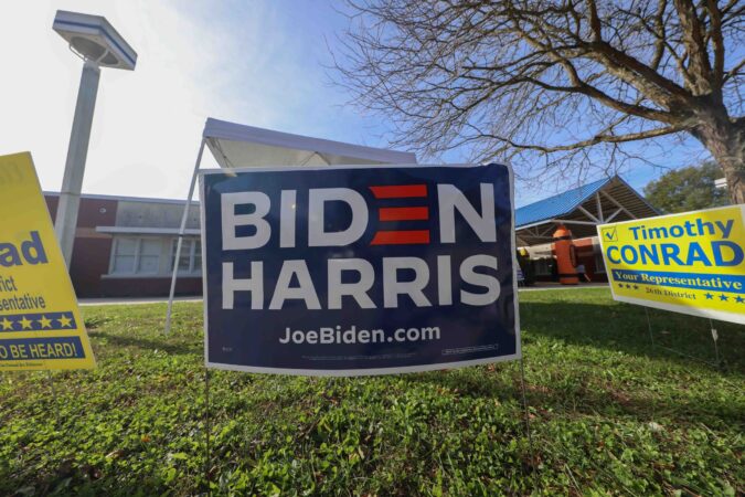 Campaign signage is displayed on election day Tuesday, Nov. 03, 2020, at Thurgood Marshall Elementary School in Newark, Del.(Saquan Stimpson for WHYY)