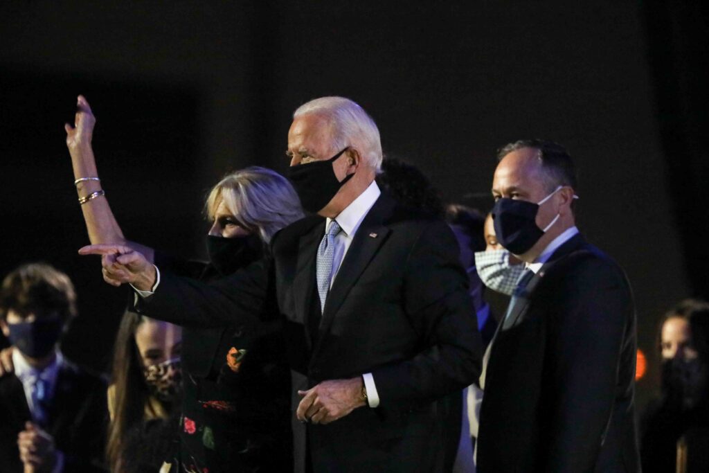 News 2020 – Nov 07 – President elect Joe Biden gives remarks in Wilmington, Delaware President-elect Joe Biden celebrates after delivering his victory speech Saturday, Nov. 07, 2020, at the Riverfront in Wilmington, Del. (Saquan Stimpson for WHYY)