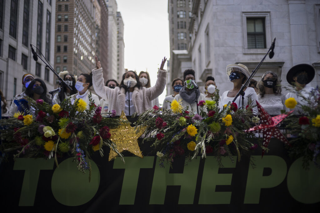 The Resistance Revival Chorus The Resistance Revival Chorus performs in front of City Hall, onboard a flatbed truck, as part of a voter motivational effort called