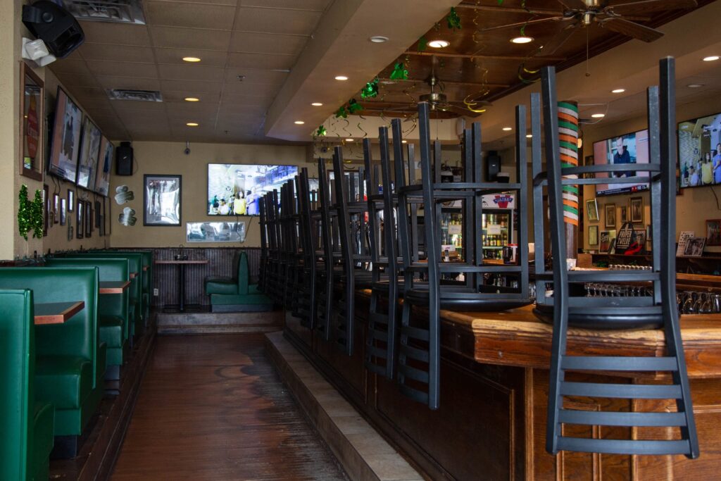 2020 03 20-e cohen-pennsylvania restaurant The interior of a restaurant, with stools overturned on tables