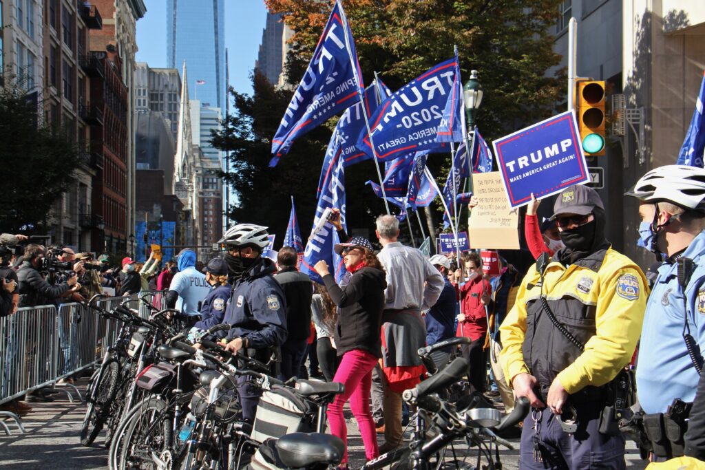 2020 11 05-e lee-philadelphia convention center-police separate protesters election 2020 Philadelphia police create a buffer between dueling rallies outside the Pennsylvania Convention Center. (Emma Lee/WHYY)