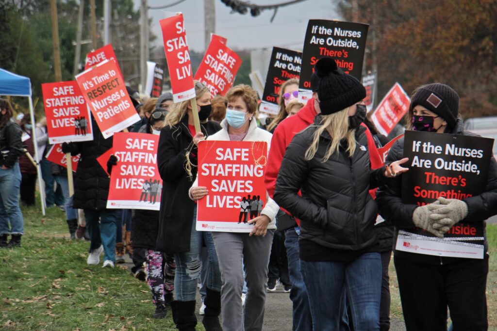 2020 11 17-e lee-lancaster st mary medical center-nurses strike 11 Nurses picket at the entrance to St. Mary Medical Center in Langhorne, Pa. About 800 nurses went on strike Tuesday citing long simmering grievances over wages and staffing levels. (Emma Lee/WHYY)