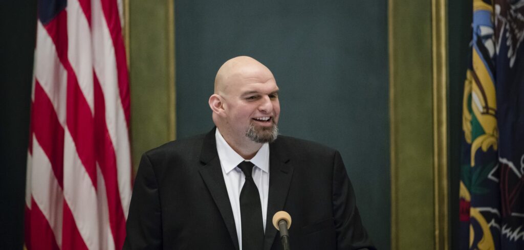 Pennsylvania Lieutenant Governor John Fetterman speaks after he was sworn into office on Tuesday, Jan. 15, 2019, at the state Capitol in Harrisburg, Pa. (Matt Rourke / AP Photo)