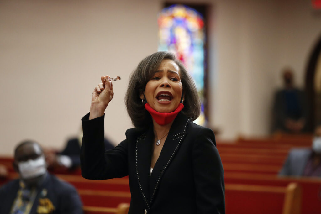Joe Biden Rep. Lisa Blunt Rochester speaks with Democratic presidential candidate, former Vice President Joe Biden, members of the clergy and community leaders at Bethel AME Church in Wilmington, Del., Monday, June 1, 2020. (AP Photo/Andrew Harnik)