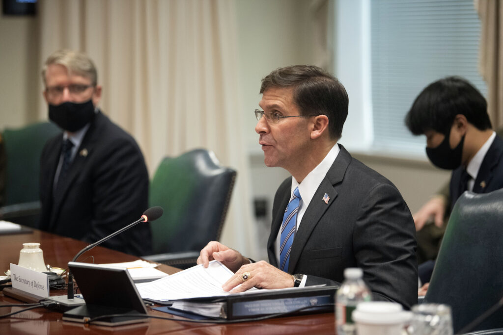 US South Korea Defense Secretary Dr. Mark T. Esper meets with Korean Defense Minister Suh Wook at the Pentagon on Wednesday, Oct. 14, 2020 in Washington. (AP Photo/Kevin Wolf)