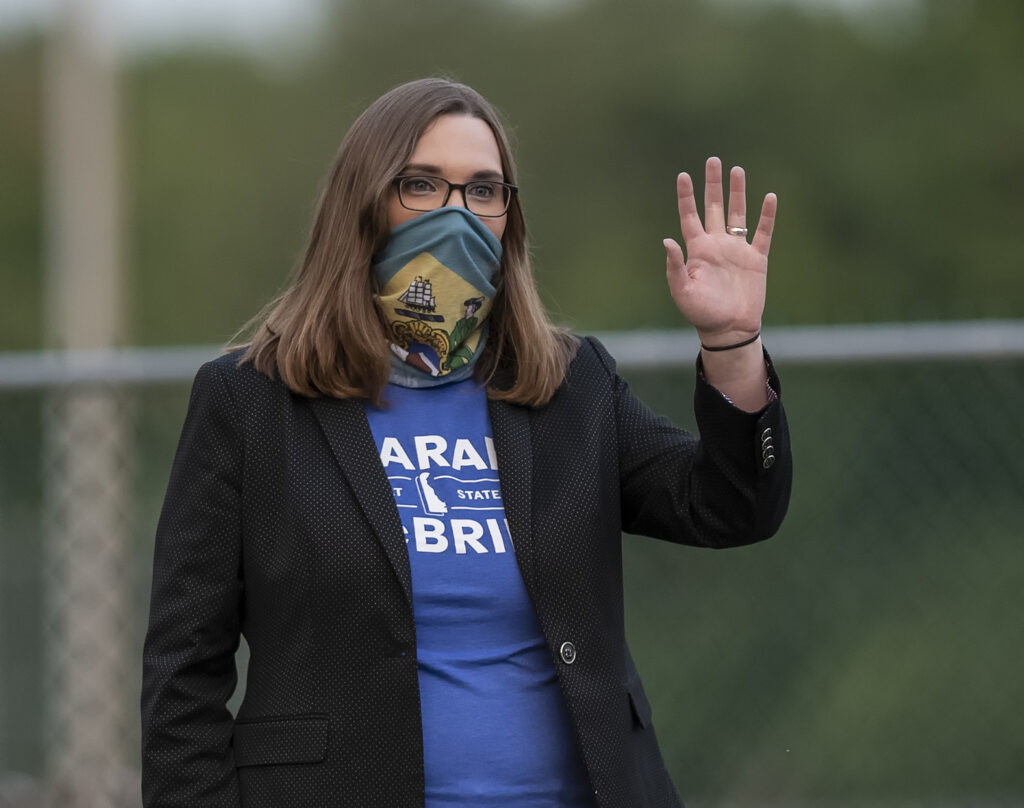 Election 2020 Transgender Rights In this Tuesday, Sept. 15, 2020 file photo, transgender activist Sarah McBride, who hopes to win a seat in the Delaware Senate, campaigns at the Claymont Boys & Girls Club in Claymont, Del. (AP Photo/Jason Minto)