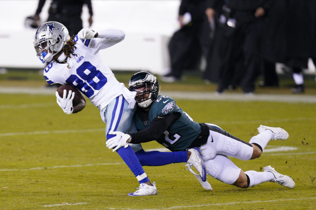 Cowboys Eagles Football Dallas Cowboys' CeeDee Lamb (88) tries to get past Philadelphia Eagles' Marcus Epps (22) during the second half of an NFL football game, Sunday, Nov. 1, 2020, in Philadelphia. (AP Photo/Chris Szagola)