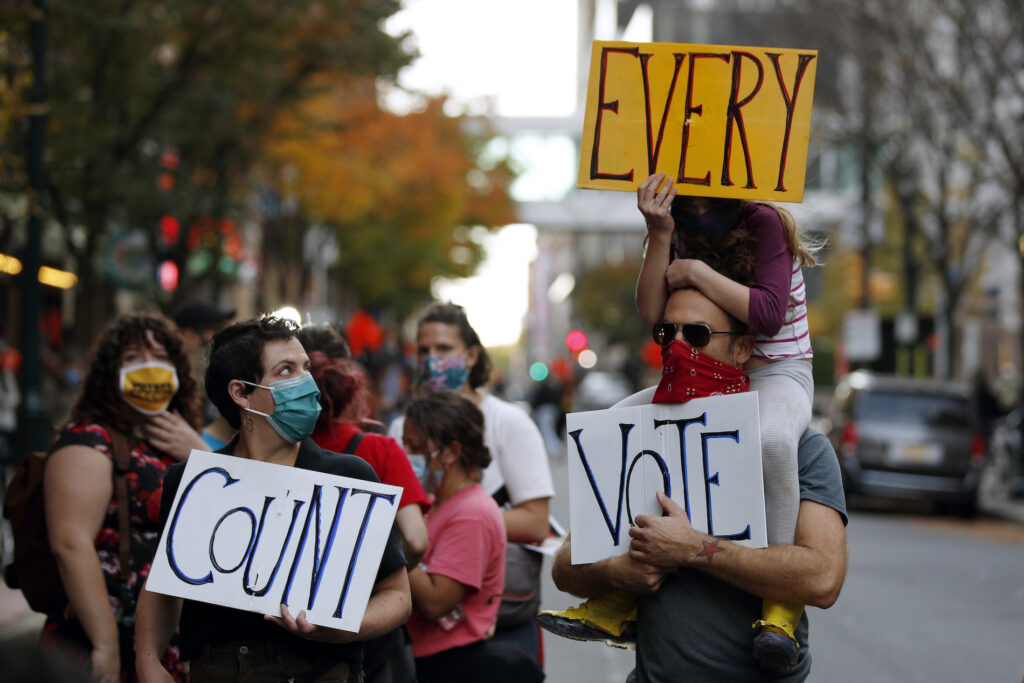 Election 2020 Protests Philadelphia People urge for all votes to be counted during a demonstration outside the Pennsylvania Convention Center where votes are being counted, Thursday, Nov. 5, 2020, in Philadelphia, following Tuesday's election. (AP Photo/Rebecca Blackwell)