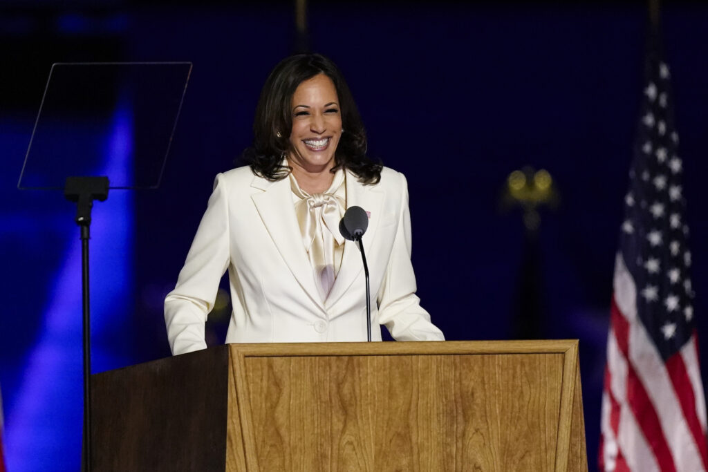 Vice President-elect Kamala Harris speaks from a podium
