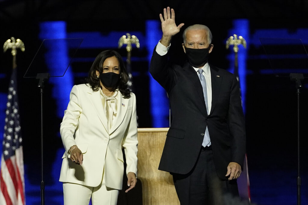 Joe Biden, Kamala Harris President-elect Joe Biden, right, on stage with Vice President-elect Kamala Harris, left, Saturday, Nov. 7, 2020, in Wilmington, Del. (AP Photo/Andrew Harnik, Pool)