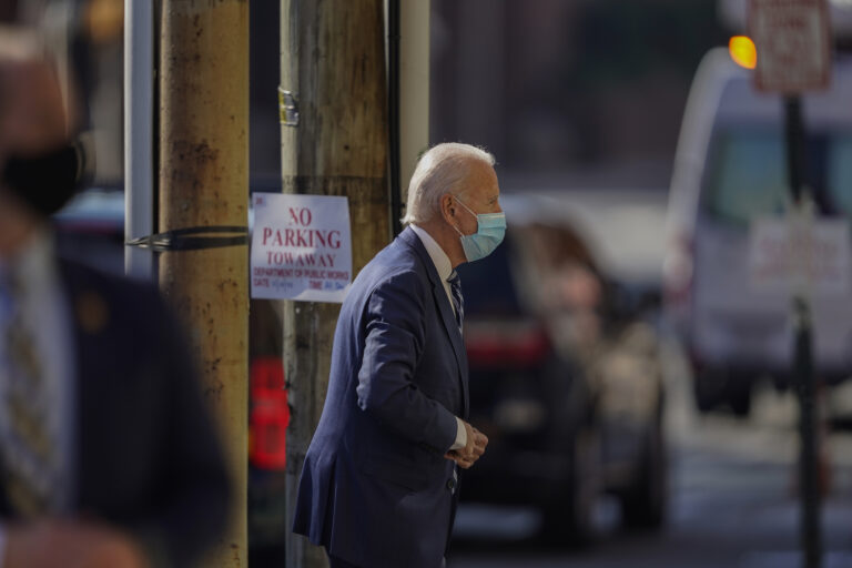 President-elect Joe Biden arrives at The Queen theater, Tuesday, Nov. 10, 2020, in Wilmington, Del. (AP Photo/Carolyn Kaster)