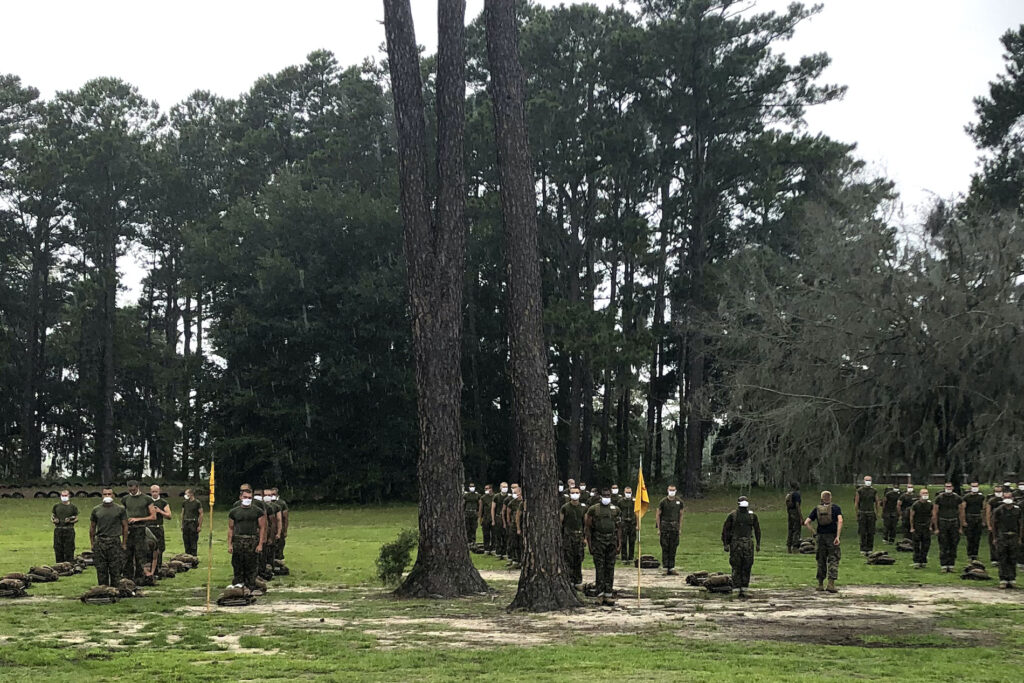 Virus Outbreak Symptom Checks Marine recruits at Parris Island Recruit Depot, S.C., on May 27, 2020. In ways big and small, the virus is impacting training at the Marine Corps' Parris Island Recruit Depot and across the military. (AP Photo/Lolita Baldor)