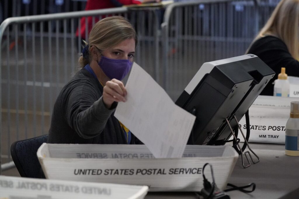 AP20316121598360-1920×1280 Ballots are counted at the Allegheny County Election Division warehouse on the Northside of Pittsburgh, Friday, Nov. 6, 2020. (AP Photo/Gene J. Puskar)