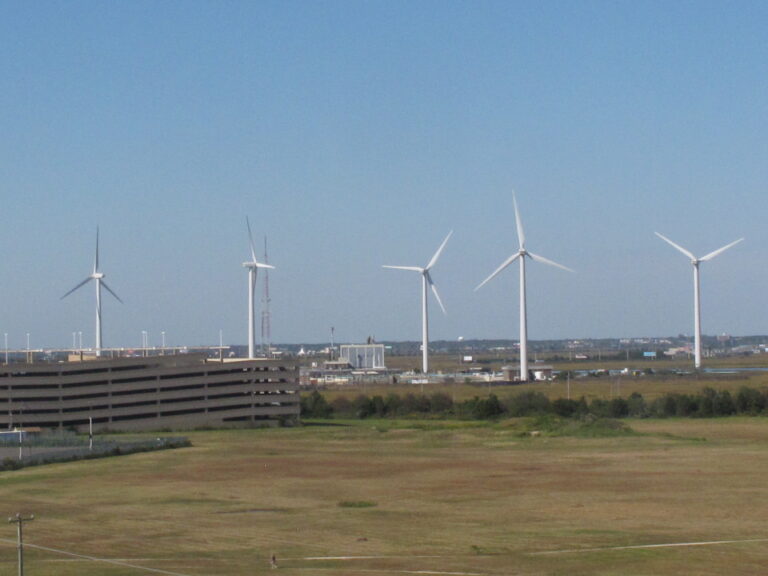 This Oct. 1, 2020 photo shows windmills at a utility plant in Atlantic City N.J.