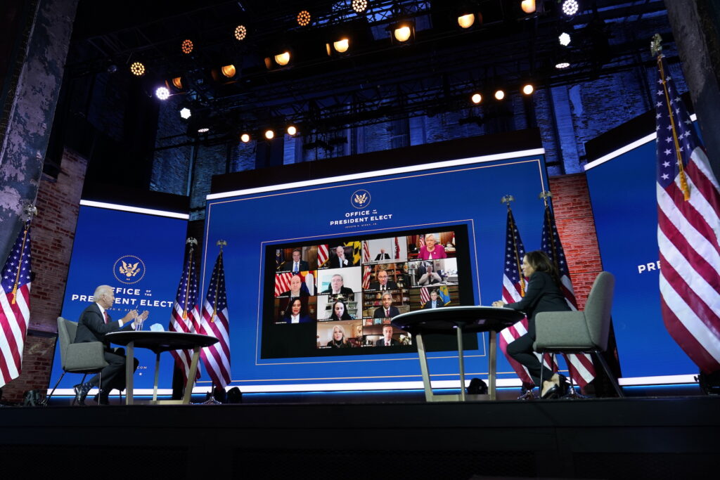Joe Biden, Kamala Harris President-elect Joe Biden and Vice President-elect Kamala Harris participate in a meeting with the National Governors Association's executive committee at The Queen theater, Thursday, Nov. 19, 2020, in Wilmington, Del. (AP Photo/Andrew Harnik)