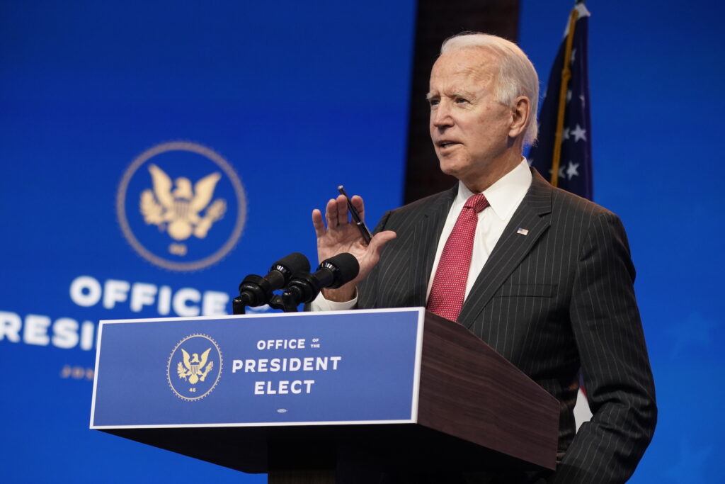 Joe Biden, Kamala Harris President-elect Joe Biden speaks from a podium