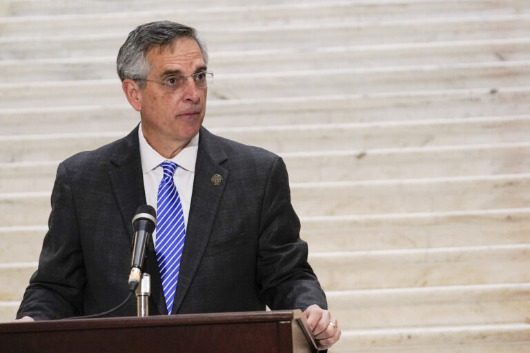 Georgia Secretary of State Brad Raffensperger speaks during a news conference on Friday, Nov. 20, 2020, in Atlanta. (AP Photo/Brynn Anderson)