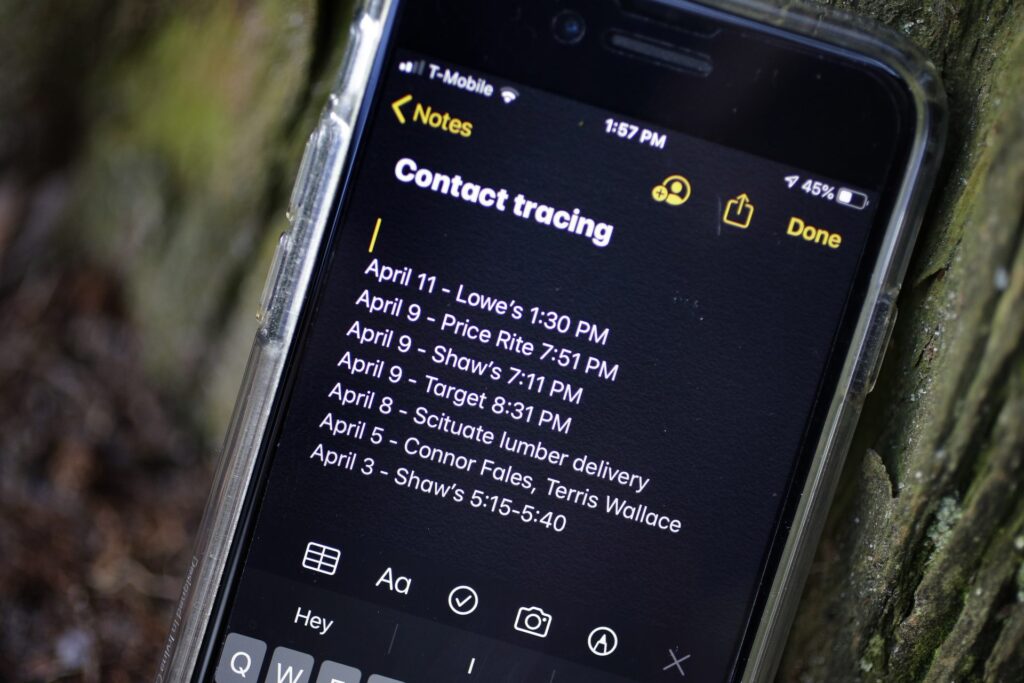 AP_20106684114480-1920×1280 A smartphone belonging to Drew Grande, 40, of Cranston, R.I., shows notes he made for contact tracing Wednesday, April 15, 2020. Grande began keeping a log on his phone at the beginning of April. (Steven Senne / AP Photo)