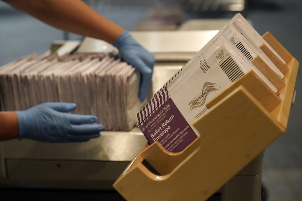Election 2020 California Voting Envelopes containing ballots are shown at a voting center
