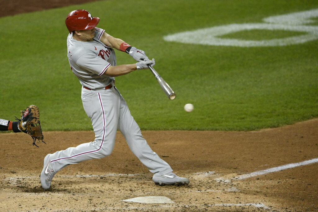 Free Agents Baseball Philadelphia Phillies’ J.T. Realmuto bats during the second baseball game of a doubleheader against the Washington Nationals