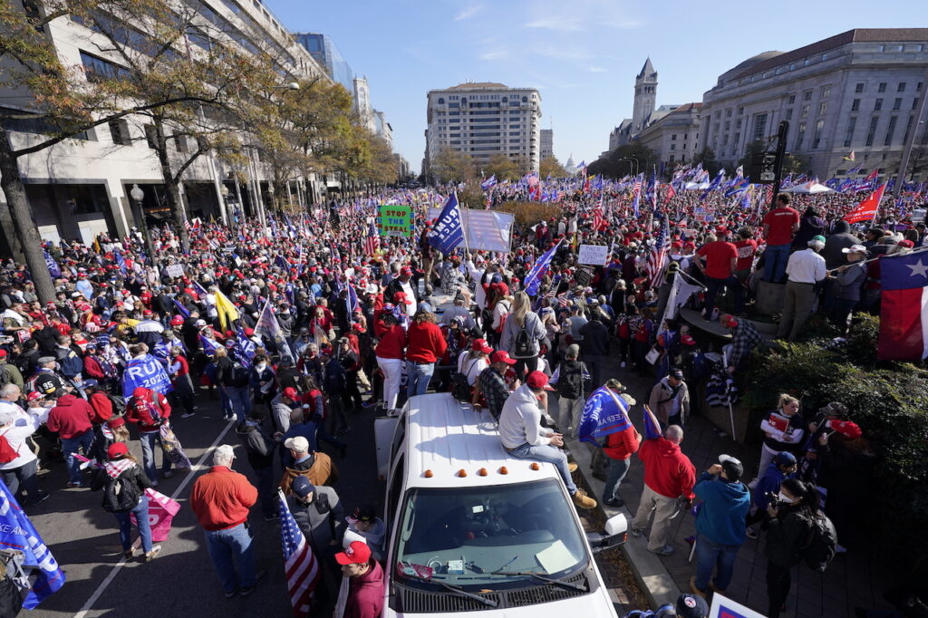 Supporters of President Donald Trump rally at Freedom Plaza
