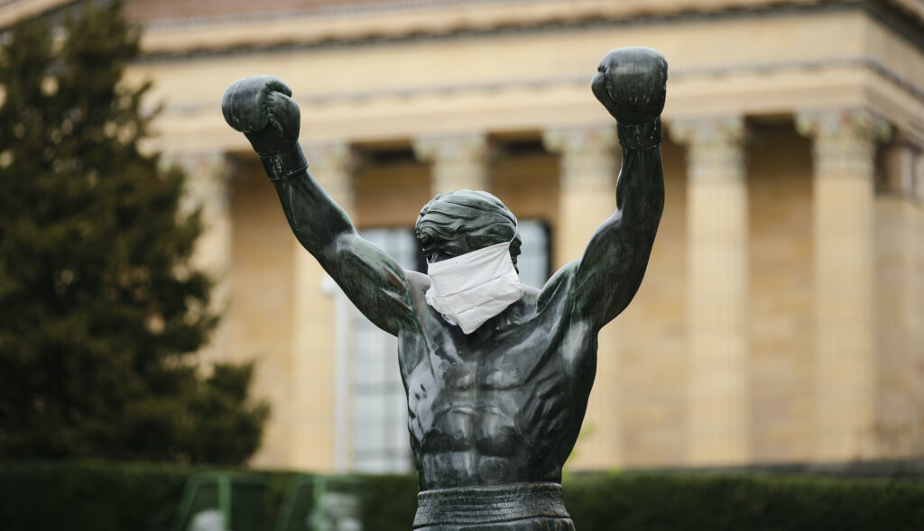 Virus Outbreak Pennsylvania The Rocky statue is outfitted with a mock surgical face mask