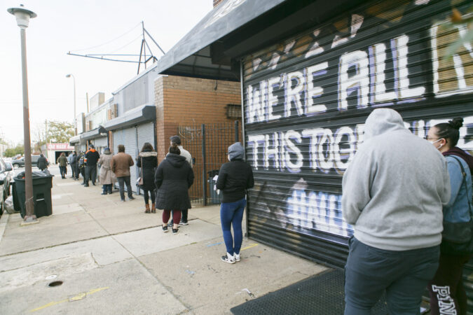Voters line up at a polling place in Northern Liberties, Philadelphia on Election Day 2020. (Miguel Martinez for WHYY)