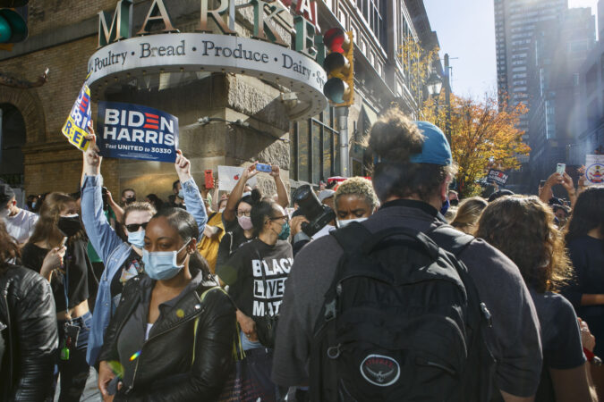 Hundreds gather outside Philadelphia Convention Center after Joe Biden is projected to be the winner of the 2020 presidential election