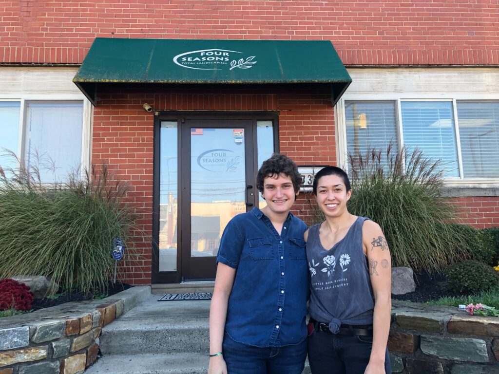 Image from iOS (221) Zoe Grobman, left, and Olivia Ottone journeyed from West Philadelphia to see Four Seasons Total Landscaping Tuesday morning. (Emily Rizzo for WHYY)