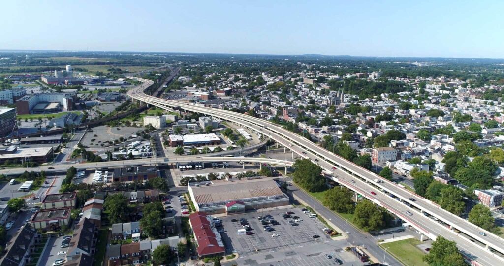 Wilmington-Viaduct-Looking-South A four mile stretch of I-95, seen here looking south through the city of Wilmington. (Courtesy of DelDOT)
