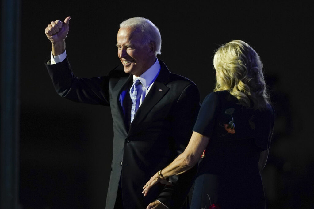 President-elect Joe Biden stands on stage with his wife, Jill Biden, on Saturday in Wilmington, Del. The incoming first lady is an English professor at Northern Virginia Community College. President-elect Joe Biden stands on stage with his wife, Jill Biden, on Saturday in Wilmington, Del. (Carolyn Kaster/AP Photo)