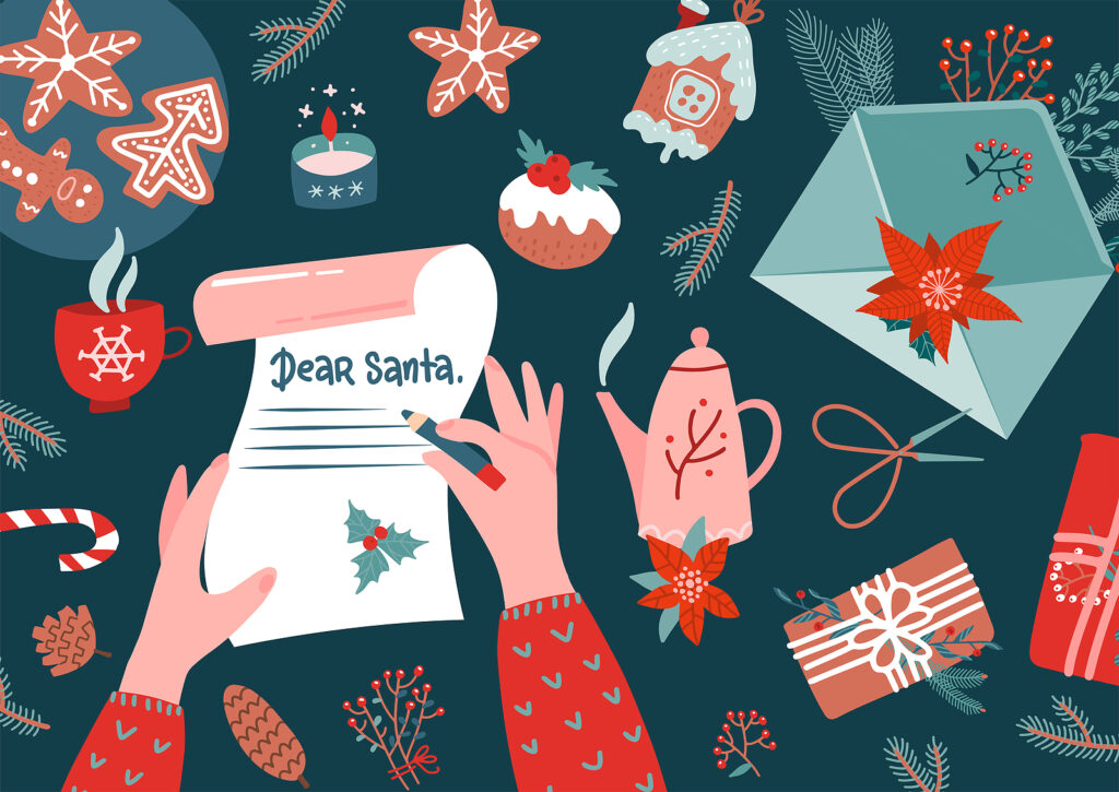 Character Hands With Pen Writing Letter To Santa Claus. Envelope Character hands with pen writing letter to santa claus.