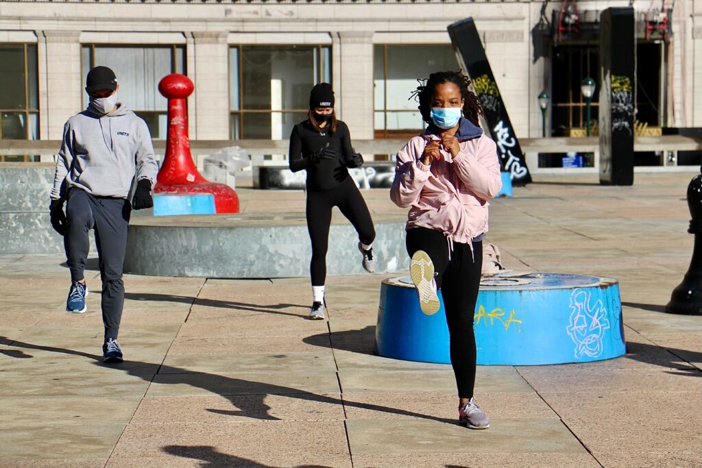 coronavirus_fitness_protest_philly_EL_112420_01 About 25 fitness enthusiasts participate in a protest workout at Thomas Paine Plaza to support gym owners who have been shut down by the coronavirus pandemic.