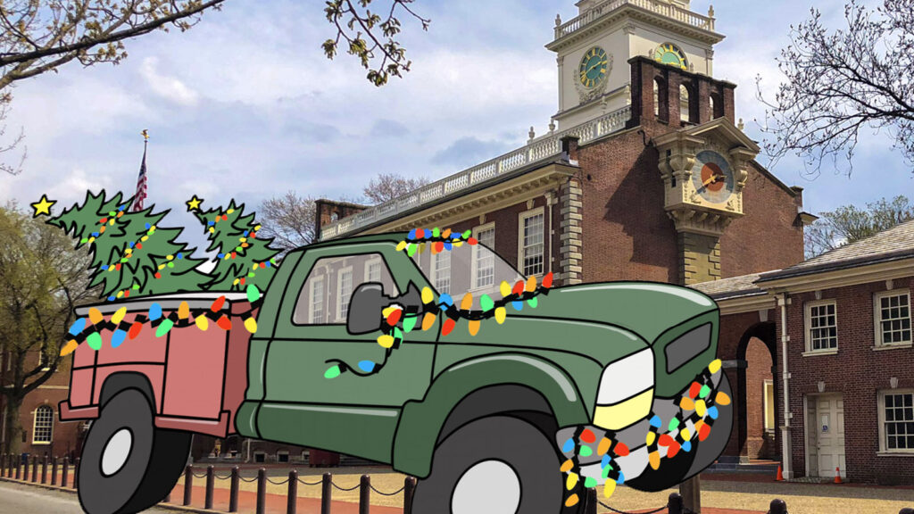 An illustration of a truck carrying a Christmas tree overlays a photo of Independence Hall in Philadelphia.