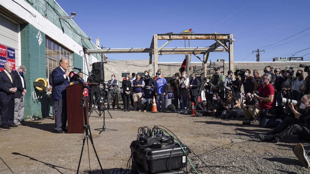 Election 2020 Protests Philadelphia Former New York mayor Rudy Giuliani speaks during the news conference in the parking lot of Four Seasons Total Landscaping.
