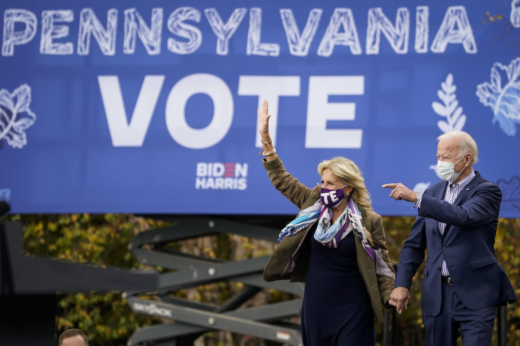 Joe Biden Campaigns For President In Pennsylvania Joe Biden and his wife Jill Biden arrive for a drive-in campaign rally at Bucks County Community College on Oct. 24 in Bristol, Pa. Bucks County and three other suburban Philadelphia counties helped the president-elect win the swing state.