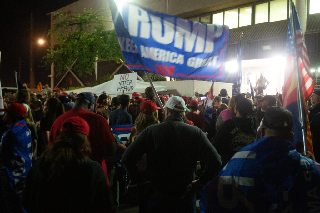 Supporters of President Trump gather to protest the election results at the Maricopa County Elections Department office on November 4, 2020 in Phoenix, Arizona. Supporters of President Trump gather to protest the election results at the Maricopa County Elections Department office on November 4, 2020 in Phoenix, Arizona.