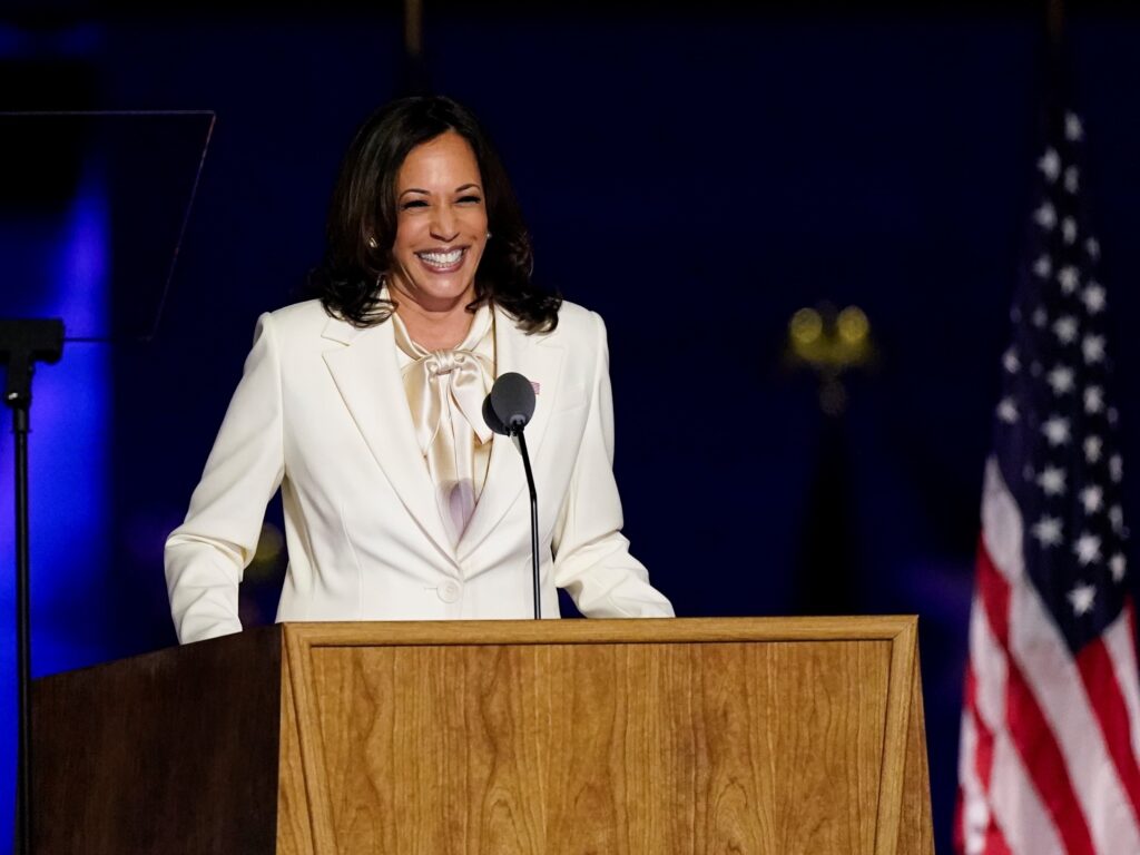 Vice President-elect Kamala Harris speaks Saturday, Nov. 7, in Wilmington