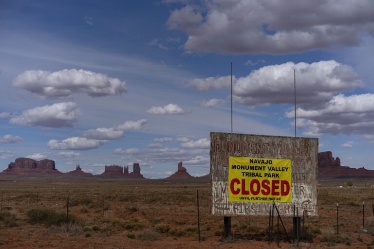 In this April 19, 2020, file photo, a sign reads 