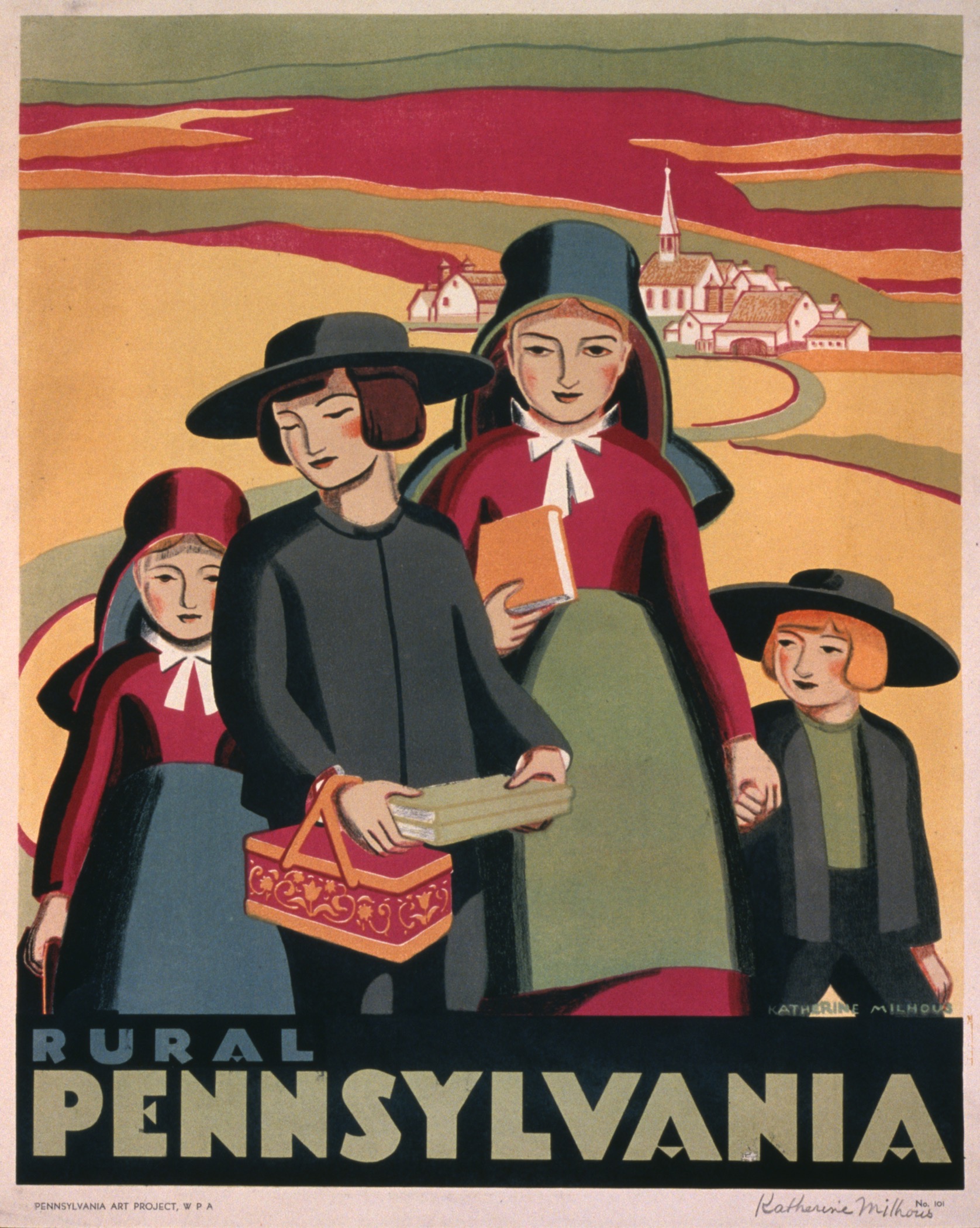 A WPA poster depicting an Amish family