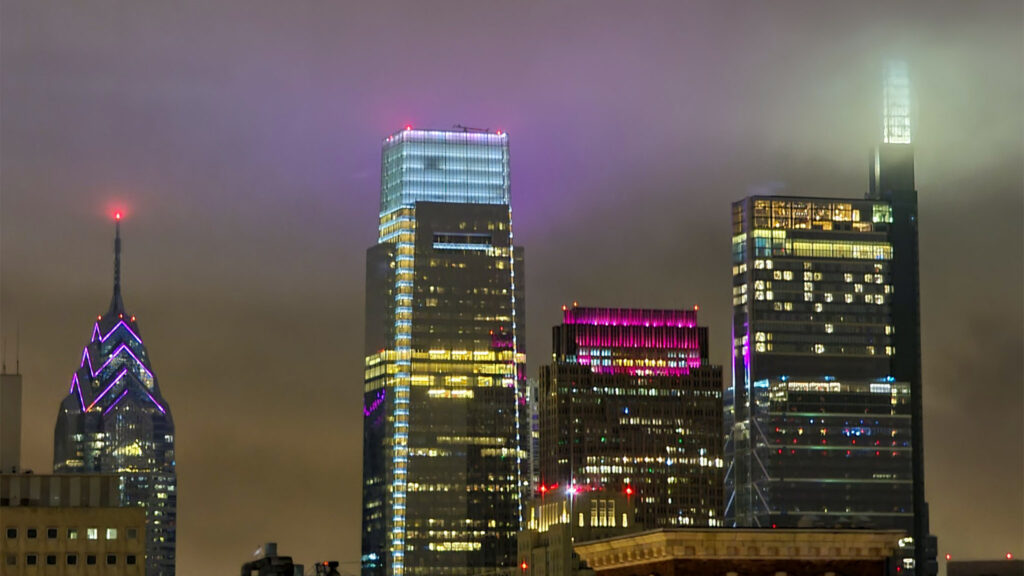 Philadelphia skyline on a misty, foggy evening