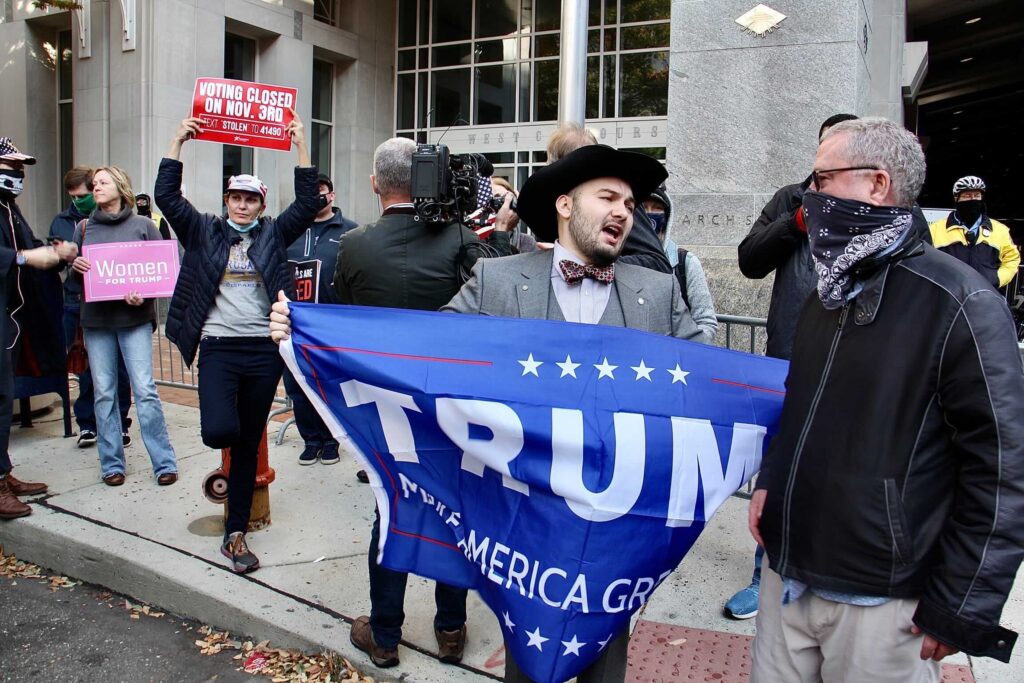 philly_convention_center_election_results_EL_110520_03 Trump supporters gather in front of the Pennsylvania Convention Center to object to the way votes are being counted there.