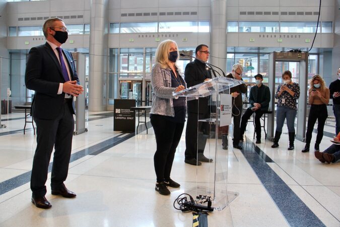 Philadelphia City Commissioners Lisa Deeley and Al Schmidt update the media on ballot-counting progress at the Pennsylvania Convention Center.