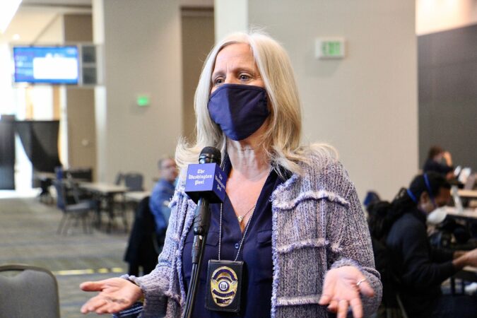 City Commissioner Lisa Deeley updates members of the media at the Pennsylvania Convention Center.