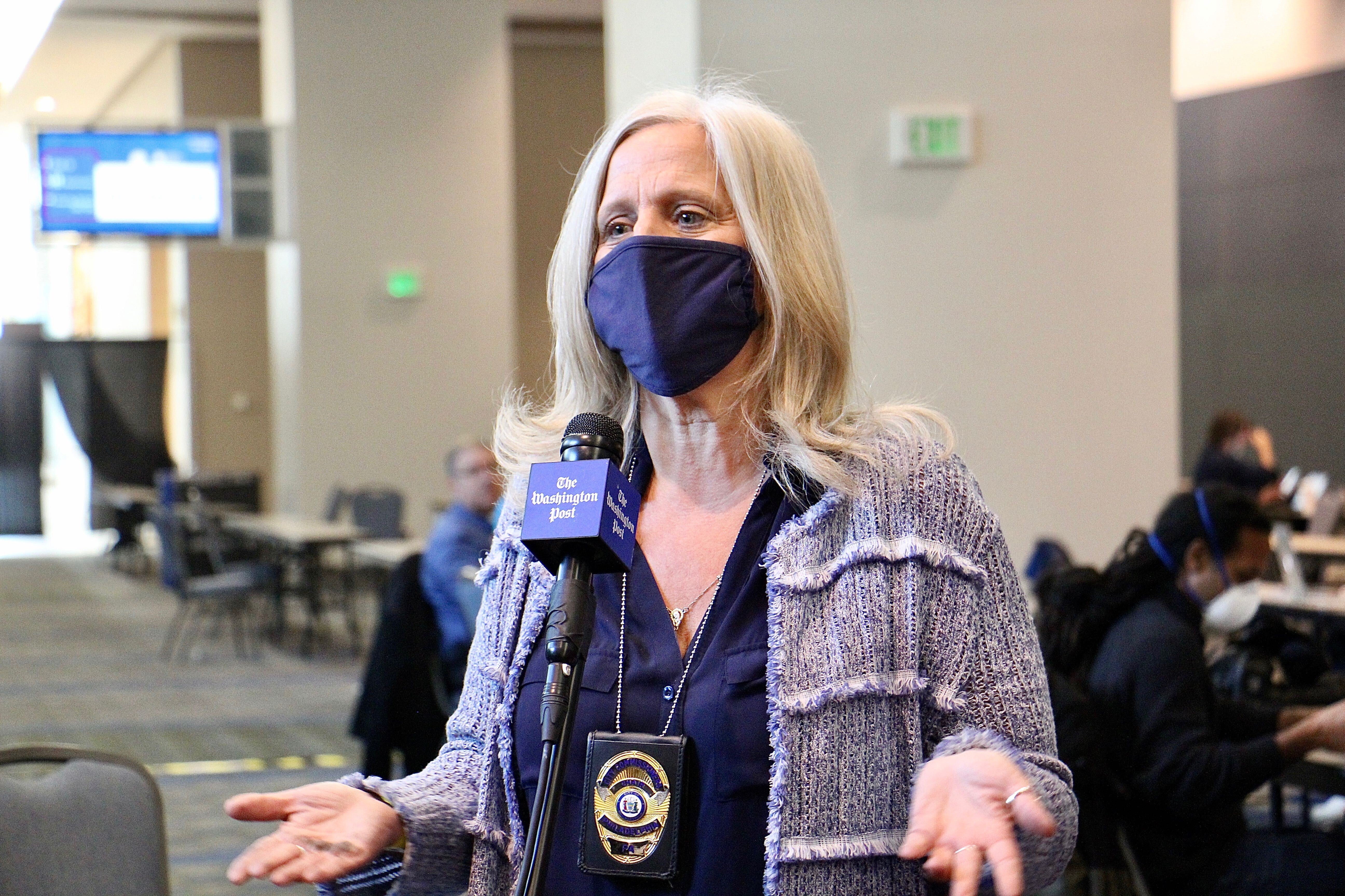 City Commissioner Lisa Deeley updates members of the media at the Pennsylvania Convention Center.