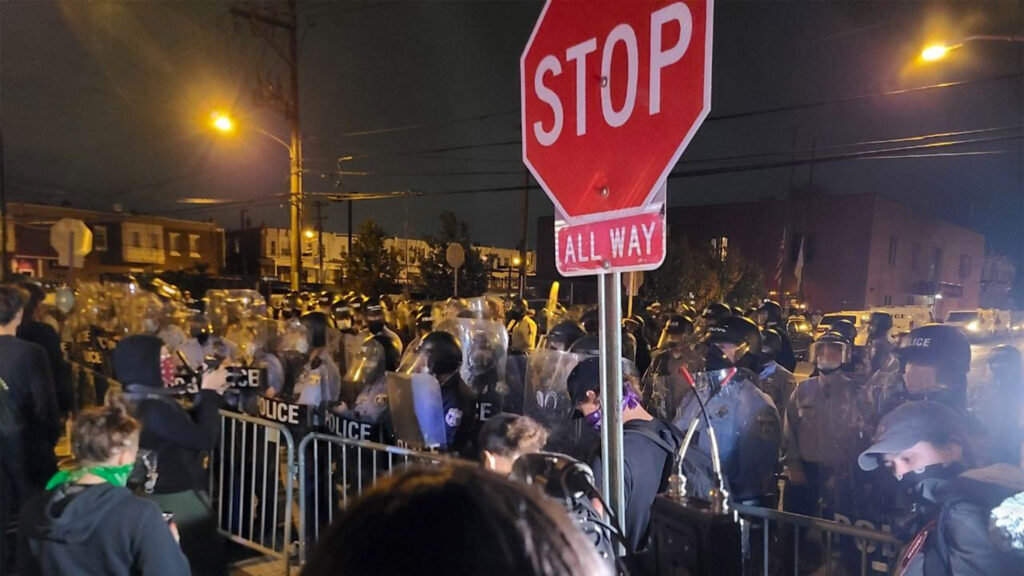 wallace-protests-stop Marchers protesting the police killing of Walter Wallace Jr. were met with more police PROVIDED BY AMISTAD LAW PROJECT