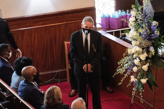 Philadelphia District Attorney Larry Krasner gives remarks at the funeral of Walter Wallace Jr. on Saturday.
