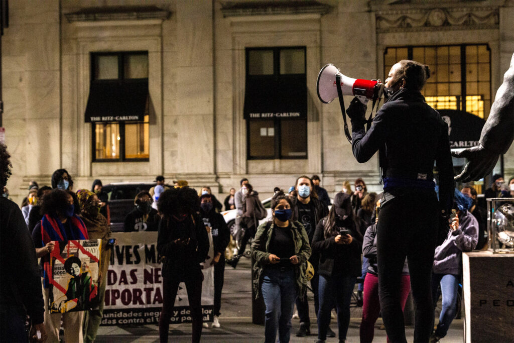 walterwallace-protest-nov4-cityhall-01 Yhané Ndgo leads protesters in chanting Walter Wallace’s name at City Hall after the city of Philadelphia released body cam footage of the shooting of Walter Wallace Jr. (Kimberly Paynter/WHYY)
