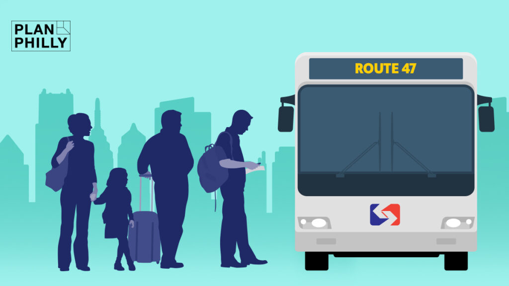 An illustration of people waiting to board SEPTA's Route 47 bus in Philadelphia.