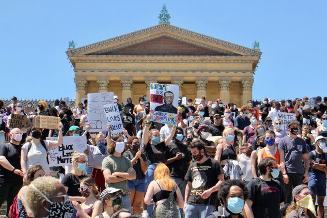 Hundreds rally on the steps of the Philadelphia art museum on May 30, 2020, to protest the killing of George Floyd by Mineapolis police.